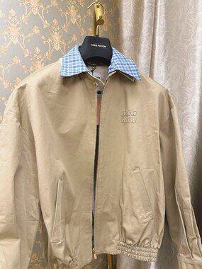 Miu Miu Women's Casual Zip-Collar Faux Two-Piece Jacket — Beige